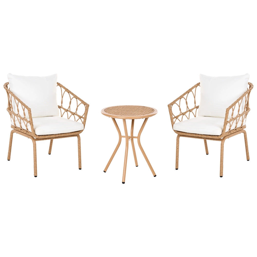 Set Bistro in Rattan PE Marrone Chiaro con Tavolino da Caffè in Metallo 2 Sedie Moderno Arredo da Giardino Esterno