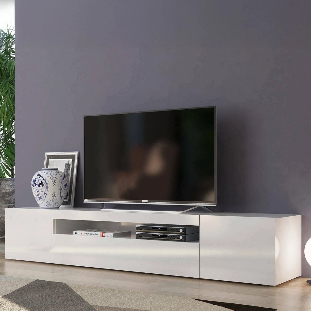 Mobile da soggiorno Porta Amore, Made in Italy, Supporto per Amore da salotto a 3 ante e ripiani, cm 200x40h37, Bianco lucido