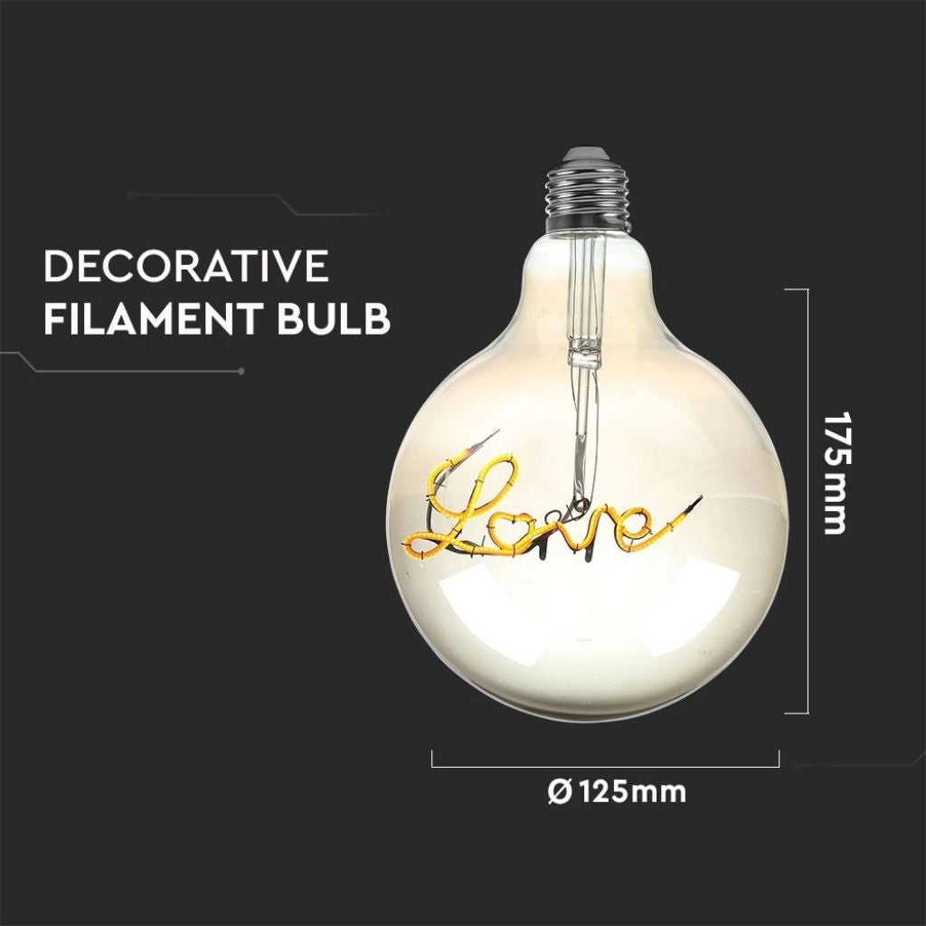 Lampadina LED E27 5W G125 Filamento Ambrato Scritta Love 2200K