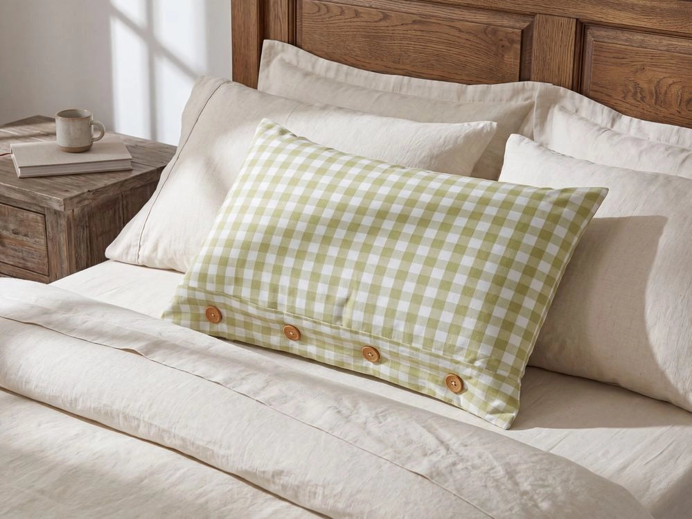 Cuscino decorativo a quadretti verde oliva e bianco con bottoni 40 x 60 cm soggiorno camera da letto