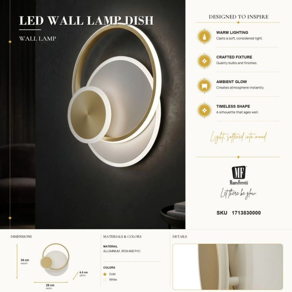Lampada da parete Dish circolare in alluminio oro e bianco