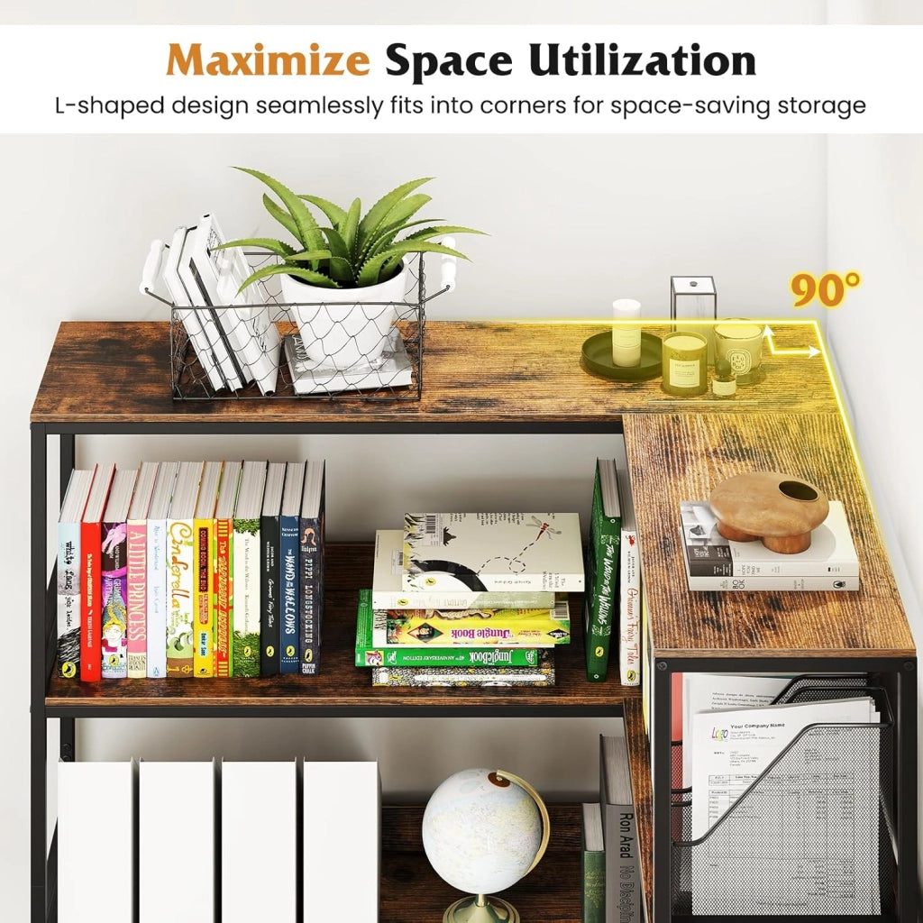 Scaffale multifunzionale a 5 livelli, libreria a forma di L con struttura in metallo resistente, ripiani aperti con bordi rialzati, 110 x 89 x 180 cm, per soggiorno, ufficio