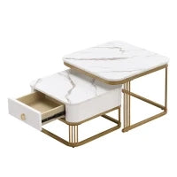 Set di Tavolini da Salotto Impilabili in Marmo Lucido con Dettagli Dorati e Cassetti, 60x60x45 cm + 50x50x34 cm, Bianco