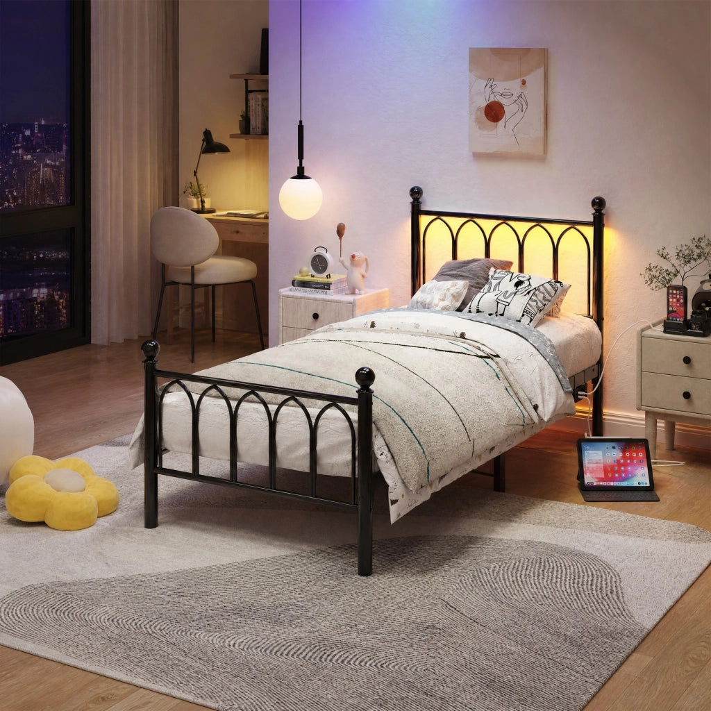 LETTO in metallo 90x200 cm Nero con LED, USB e presa, senza materasso