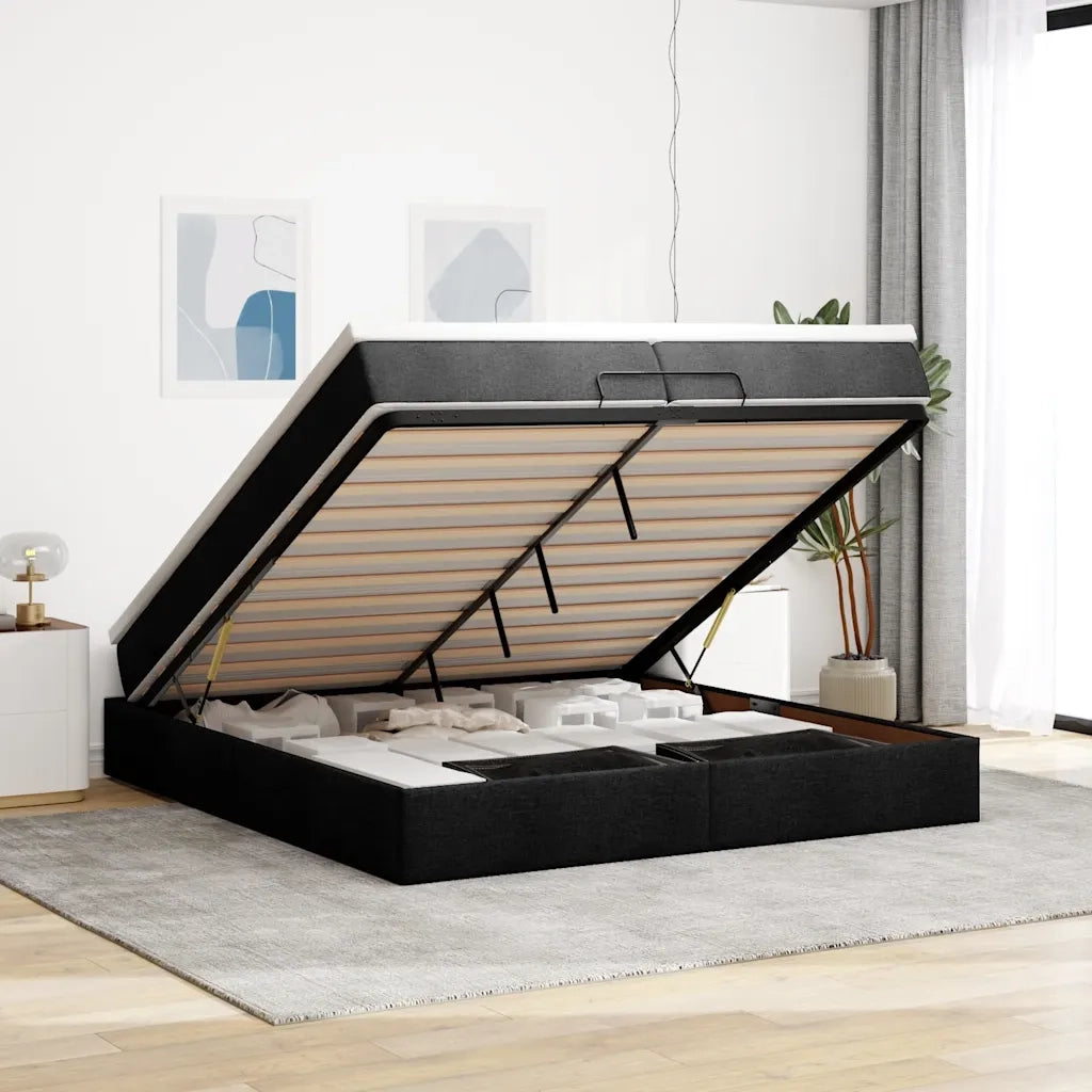 Struttura Letto Pouf con Materassi Nero 200x200 cm in Tessuto