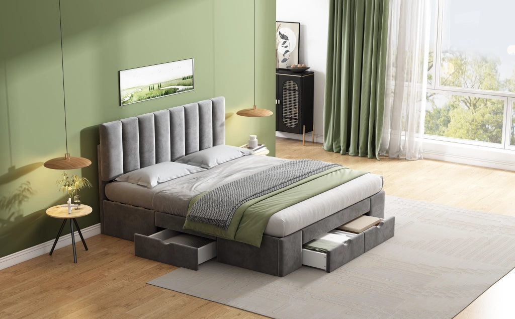 Letto matrimoniale imbottito in velluto con testiera regolabile e 4 cassetti; grigio; 160x200 cm