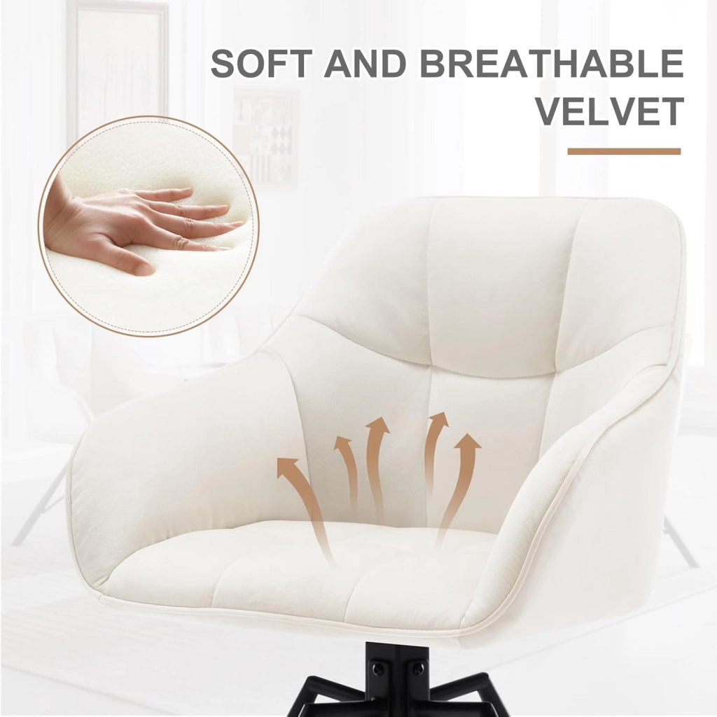 Sedia per Sala da Pranzo Girevole a 360°, Sedia da Cucina Imbottita con Gambe in Metallo, Poltroncina in Velluto per Camera da Letto, Soggiorno, Crema, BH365cm-1