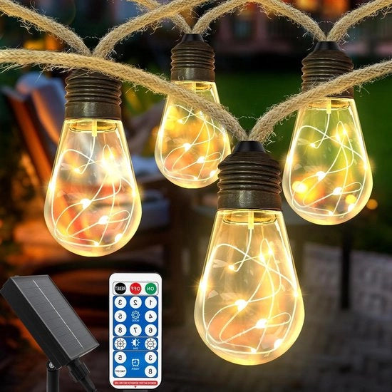 Lampada a LED solare per esterni con 16 lampadine 6 m catena di luci vintage alimentata da pannelli solari con corda di canapa resistente all'usura con 8 modalità di illuminazione per decorazione di giardino, feste, balconi e matrimoni.