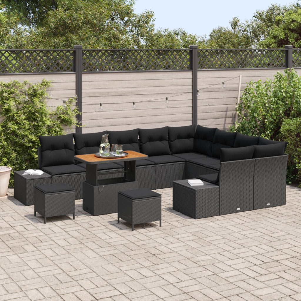 Set Divano da Giardino da 12 Pezzi con Cuscini Nero Polyrattan Acacia