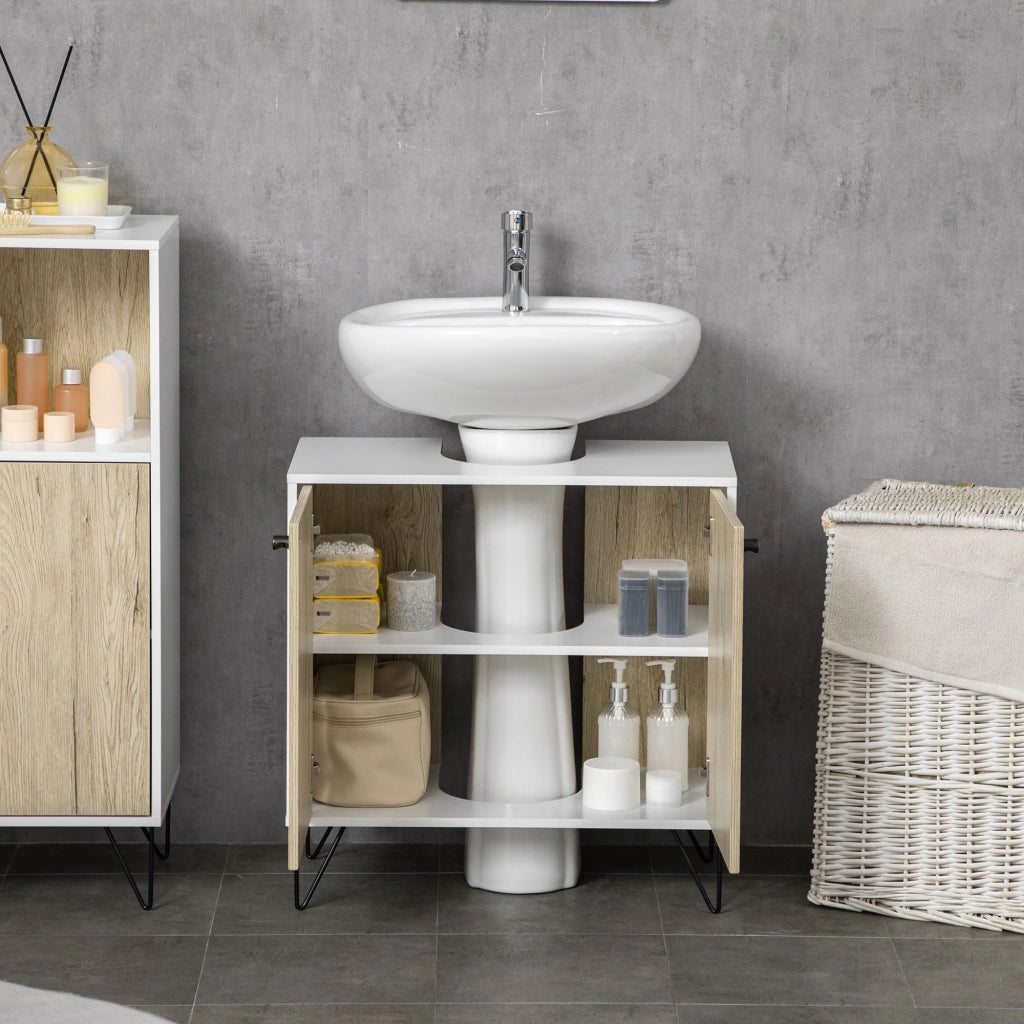 Mobile Sottolavabo Bagno con 2 Ante e Piedi Acciaio ¨C zephmum ¨C Bianco e Legno 60x30x60 cm