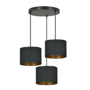 Lampadario Tondo 3 Luci Ganesha In Acciaio Nero E Paralumi In Tessuto Nero