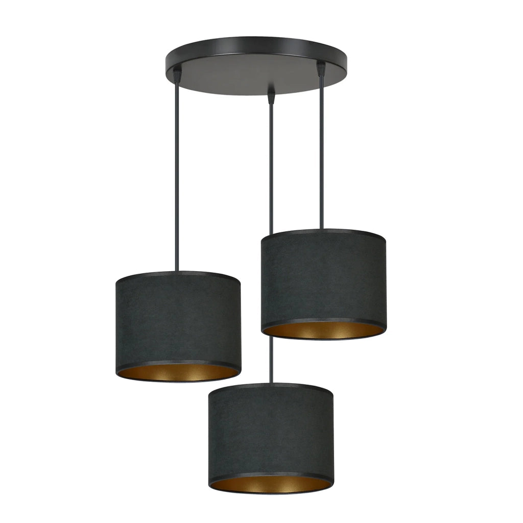 Lampadario Tondo 3 Luci Ganesha In Acciaio Nero E Paralumi In Tessuto Nero
