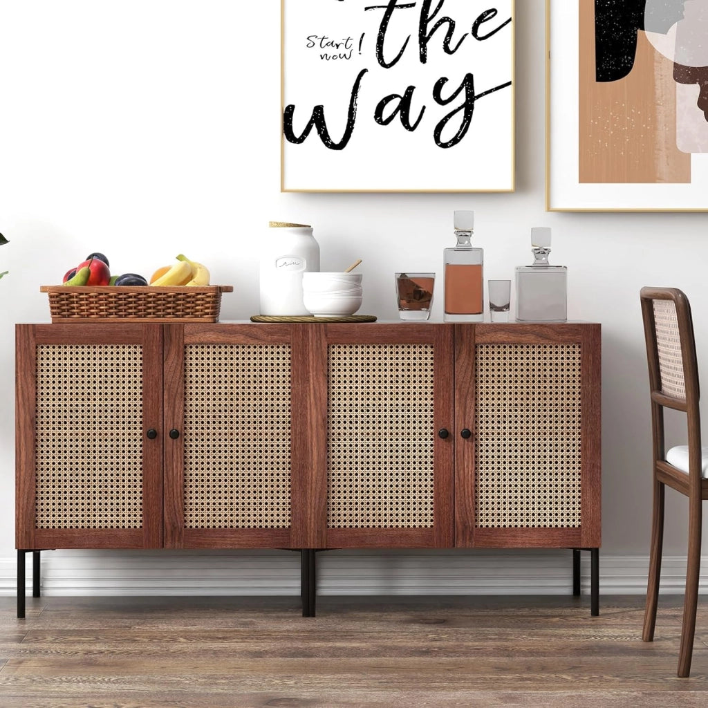 Credenza, credenza, credenza, credenza da cucina, con 2 ante e scomparti regolabili, armadietto a buffet, in legno e rattan, 80 cm x 40 cm x 80 cm (marrone)