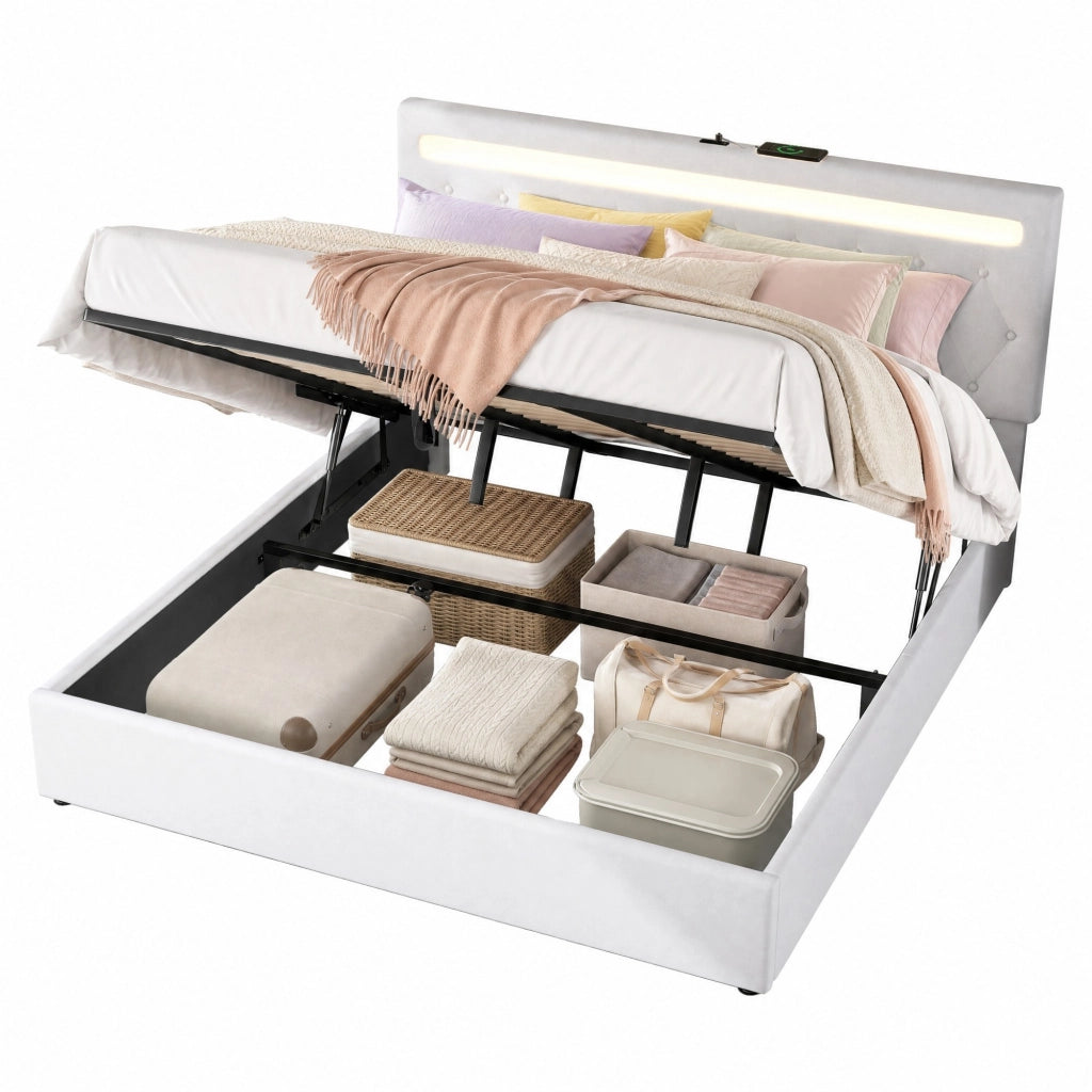 Letto imbottito 180x200 cm con contenitore; sollevamento idraulico; LED e USB; bianco
