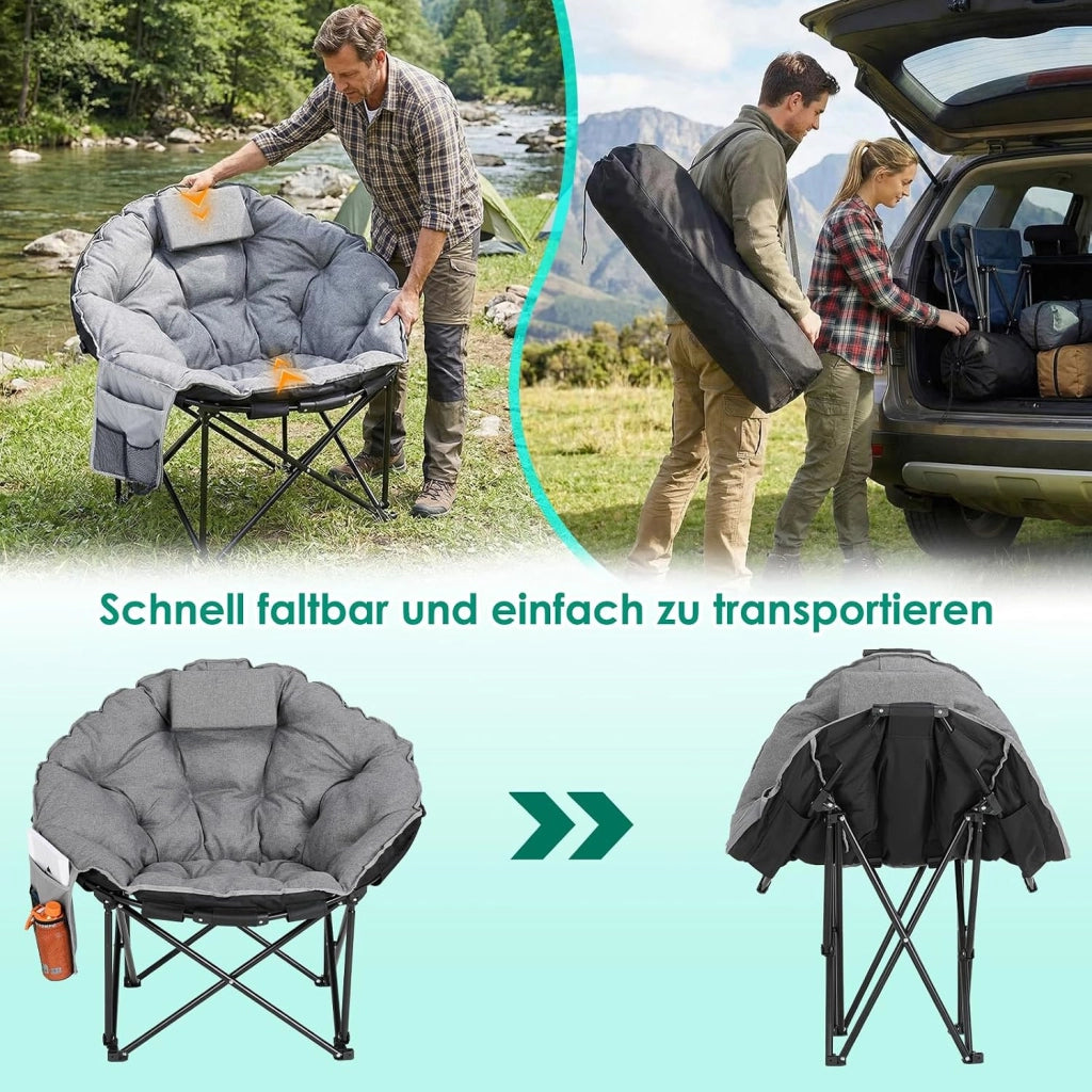 Moonchair - 2 sedie da campeggio di lusso, 150 kg, rotonde, imbottite, pieghevoli, con borsa portaoggetti, piedini antiscivolo, poggiatesta, tasca laterale, per giardino, spiaggia, grigio