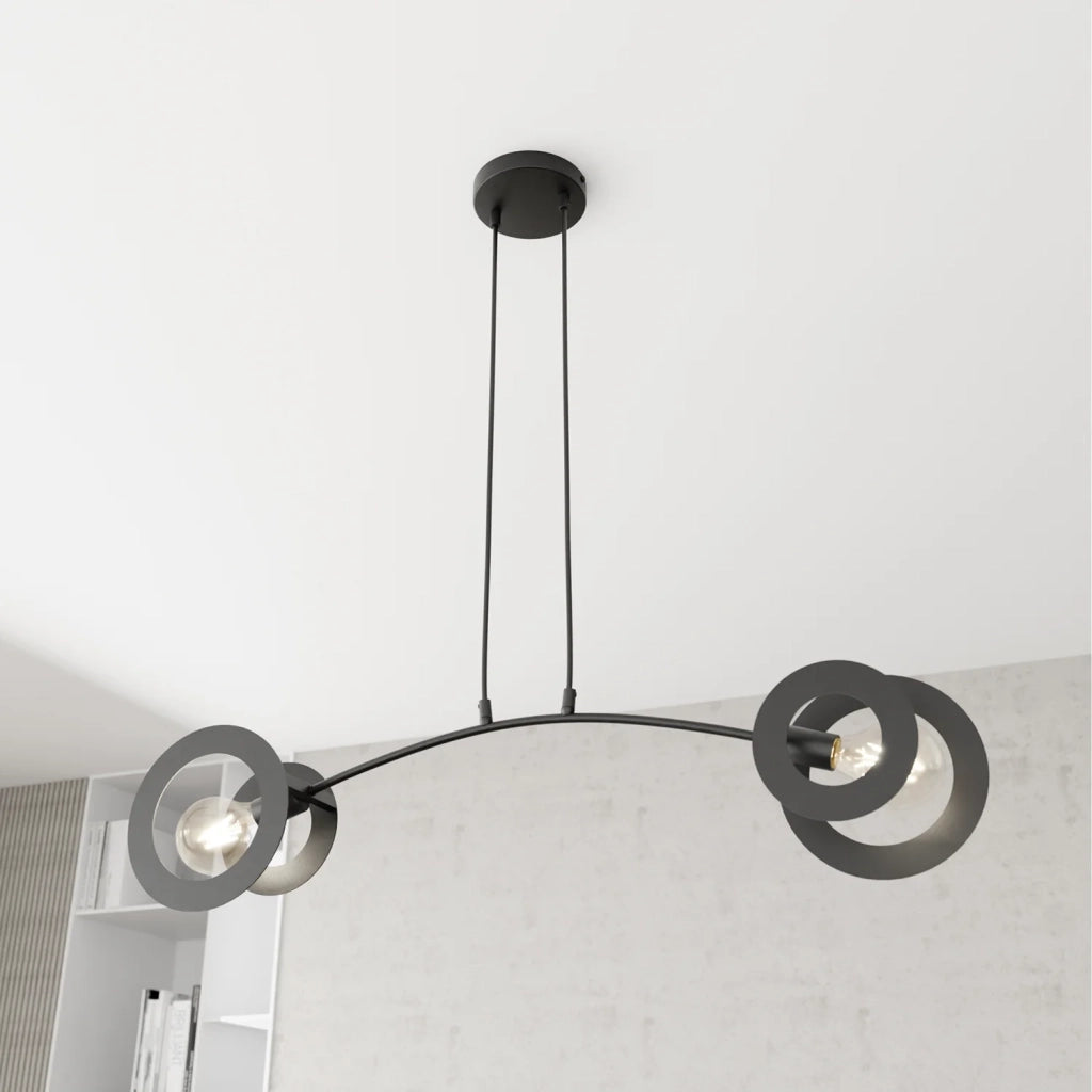 Lampadario 2 Luci Crono In Acciaio Nero A Bracci E Diffusori A Doppio Cerchio