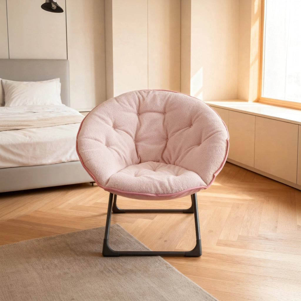Fauteuil pieghevole a luna con schienale rotondo e imbottitura morbida in tessuto e metallo rosa per relax