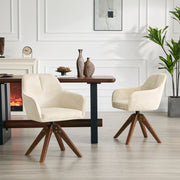 Sedia da Pranzo Set da 2 Girevole a 360° con Braccioli e Schienale Ergonomico in Tessuto Bianco e Legno Massello Noce