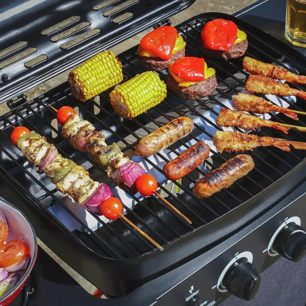 Barbecue a gas 2 Fuochi Bruciatori e fornellino laterale con ruote e Griglia Acciaio