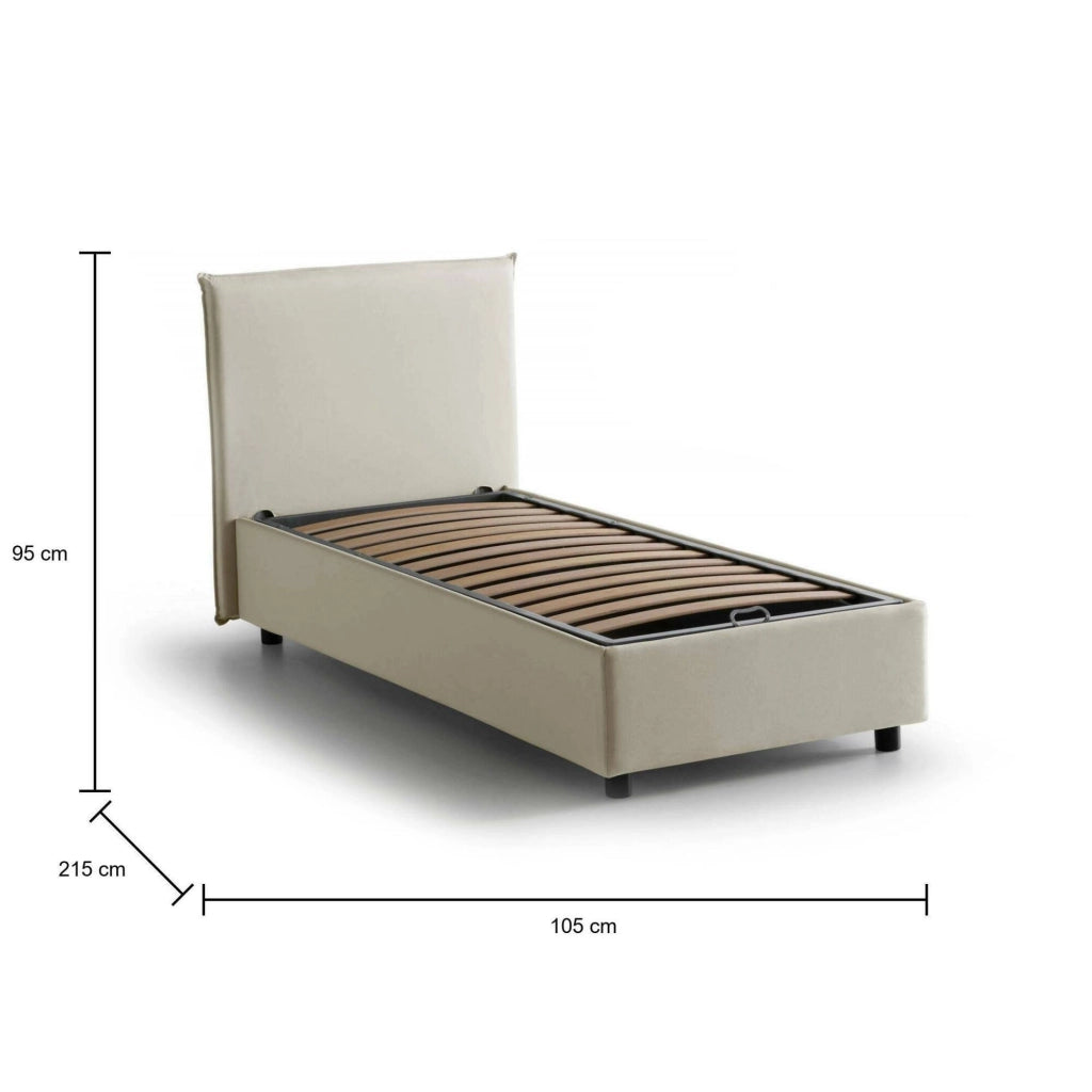 Letto singolo Alder, Letto contenitore con rivestimento in tessuto, Made in Italy, Apertura frontale, adatto per materasso cm 90x200, Beige