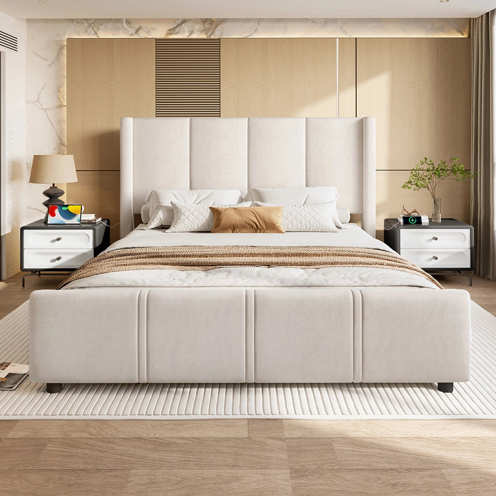 Letto-Xylo-140x200 cm-testiera alta, USB, ferro+legno, beige