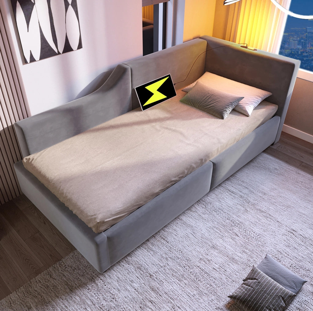 Letto contenitore 90x200 cm con lampada da lettura e USB-C; velluto grigio (Senza materasso)