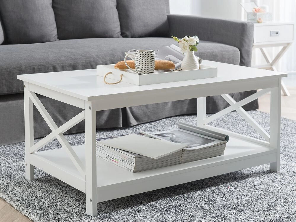 Tavolino da caffè bianco 100 x 55 cm 2 ripiani rettangolare da tavolo in stile moderno