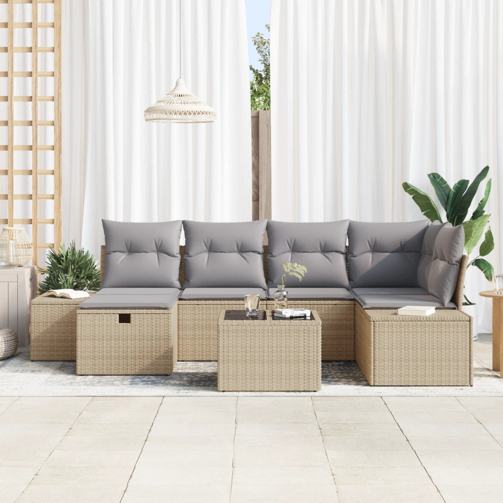 Set divani giardino da 7 pezzi con cuscini beige in polyrattan