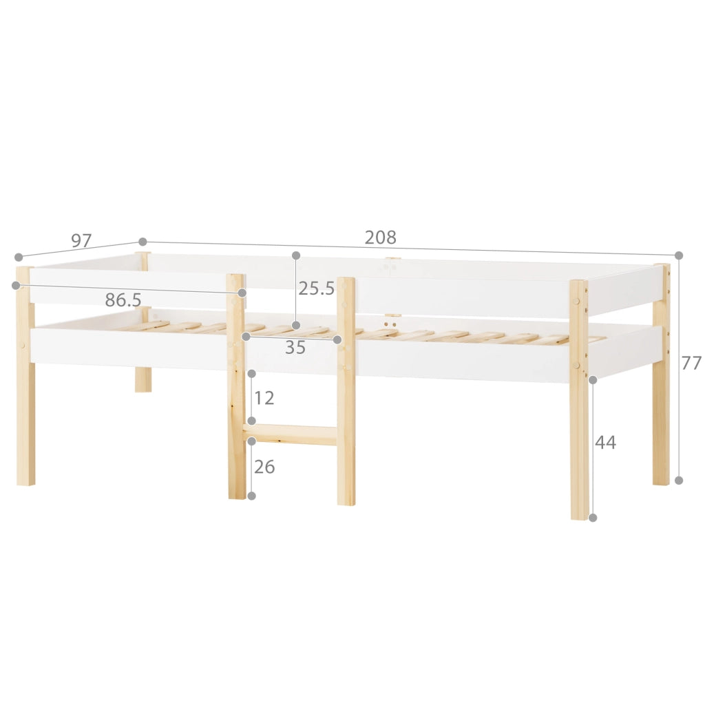 Letto per bambini bianco e rovere con protezione anticasco in legno massello di pino 90x200 cm