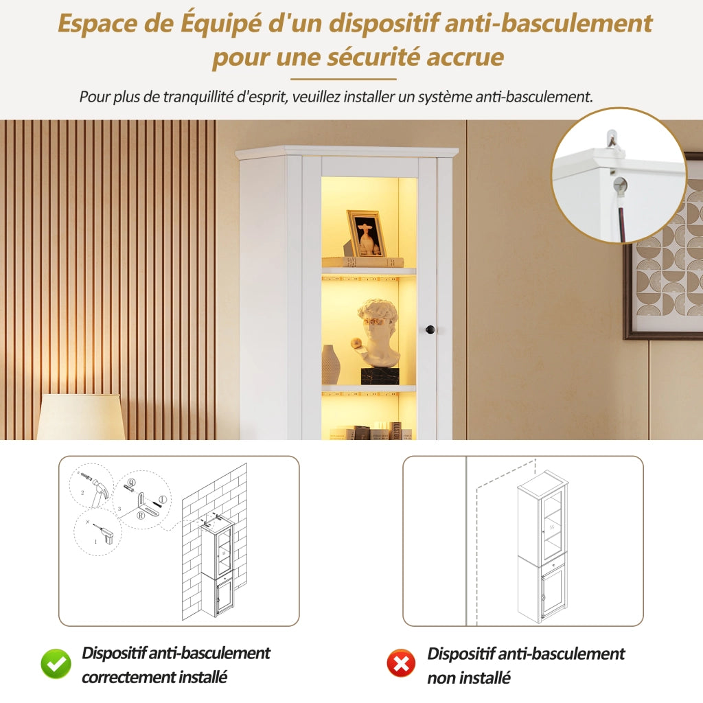 Vetrina alta con LED, 2 ante e 1 cassetto, 5 ripiani e vani contenitore, per soggiorno, in truciolato bianco 55 × 40 × 200 cm