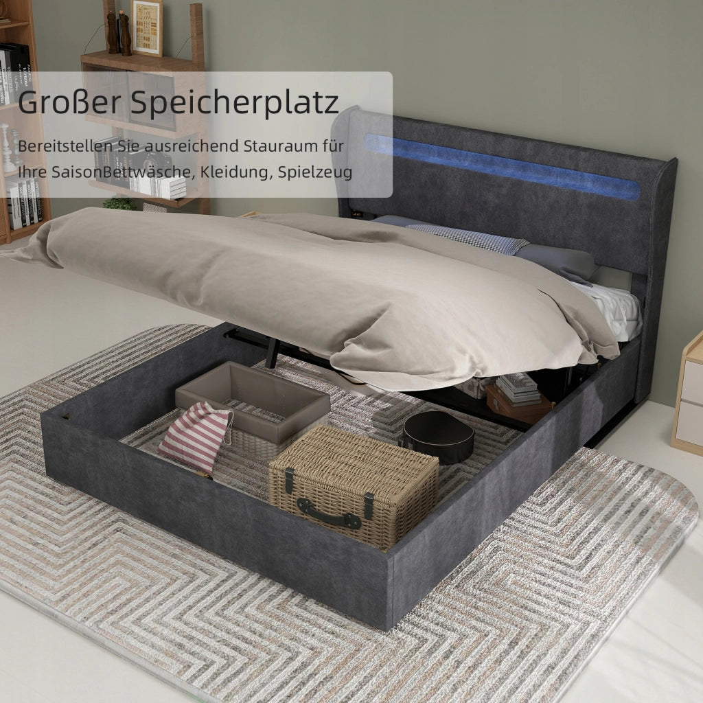 Letto imbottito 140x200 - Xylo - Grigio con LED e struttura sollevabile