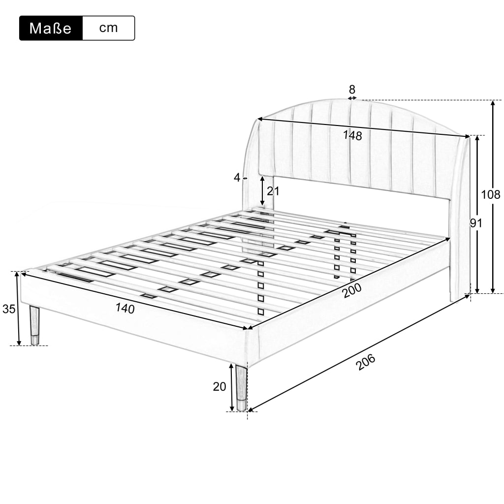 Letto Adulto 140×200 cm; Letto Matrimoniale con Testiera Imbottita; senza Materasso; in Velluto; Beige