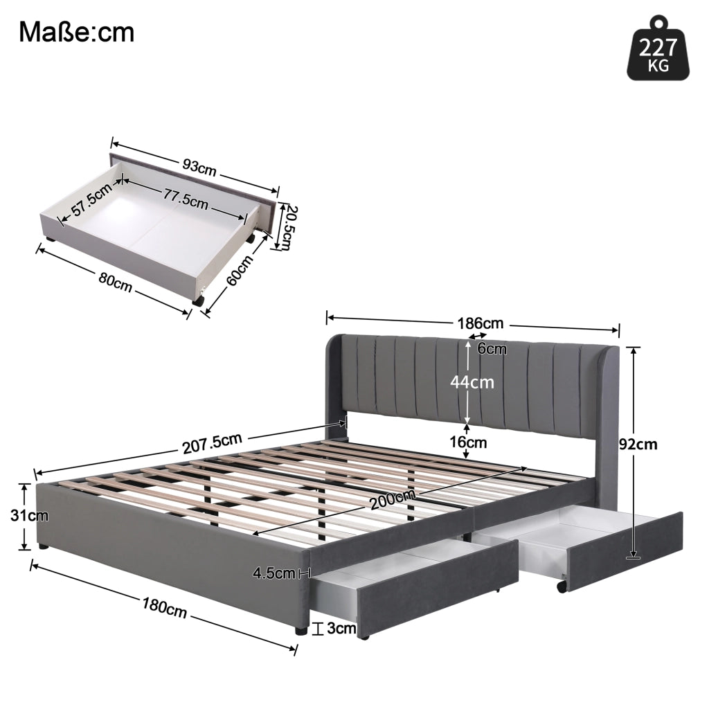 OKWISH Letto con Cassetti 180×200 cm, Letto Matrimoniale con 2 Cassetti e Testiera Alta, senza Materasso, in Velluto, Grigio