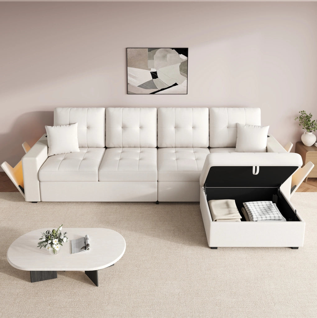 Divano angolare modulare 253x144,5x80,7 cm in lino beige con pouf contenitore –