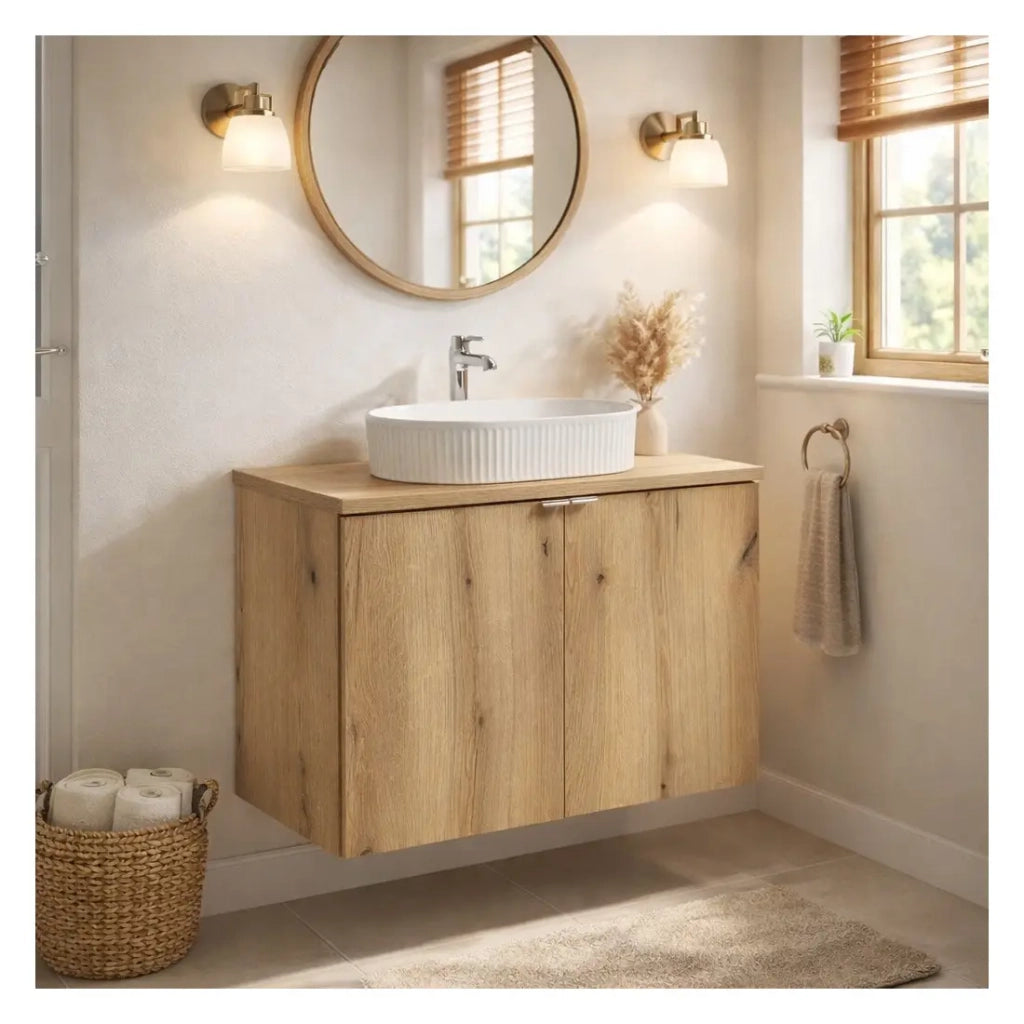 Set bagno sospeso VANO effetto quercia 80cm: mobile sottolavabo con armadietti + piano per lavabo