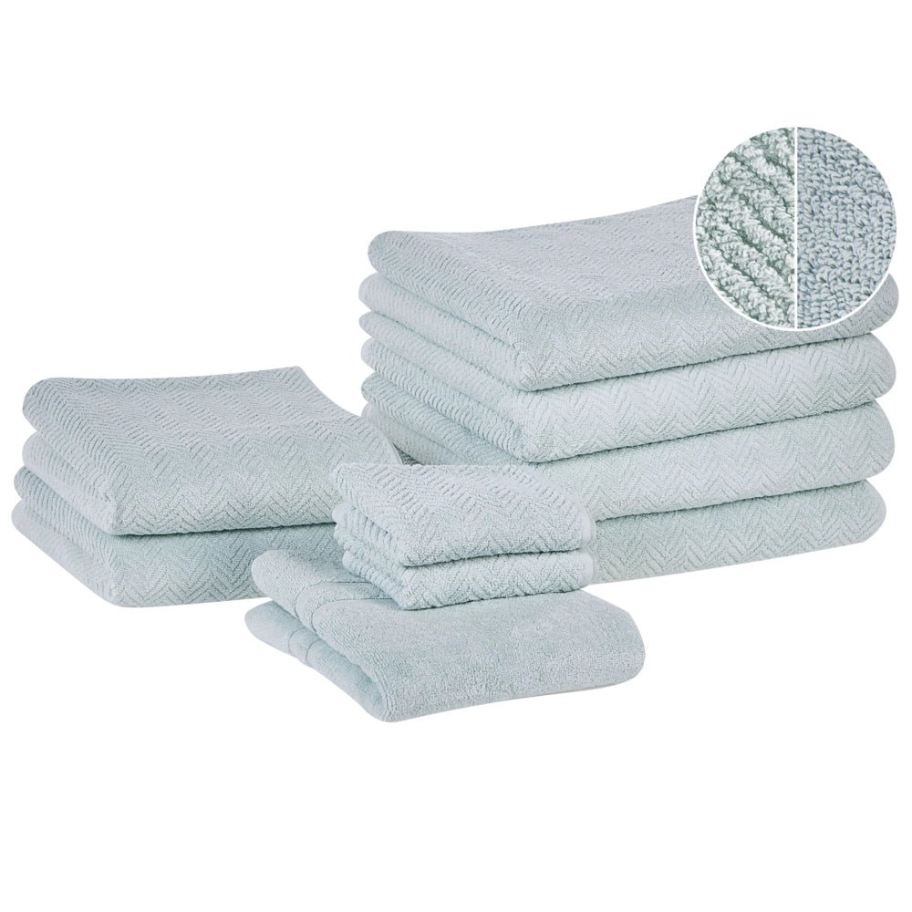 Set di 9 asciugamani in morbido cotone verde menta con motivo a spina di pesce stile varie dimensioni classico ospiti bagno