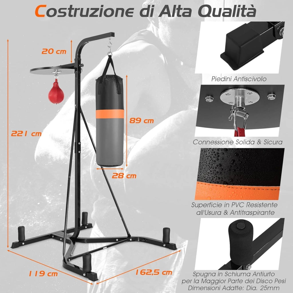 Supporto per Sacco da Boxe e Punching Ball Regolabile, Sacco Boxing da Terra con Struttura in Metallo Robusta e Base Stabile, Attrezzi Pugilato Autoportante da Casa per Adulti