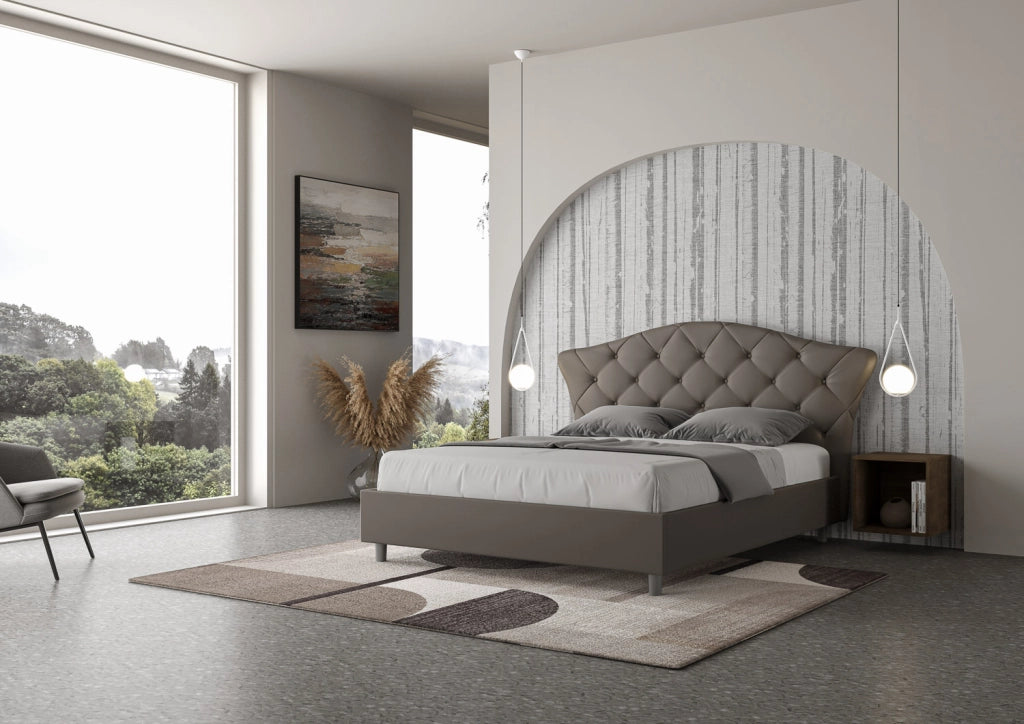 Letto Matrimoniale 160x190 cm con Rete con Testata Imbottito in Similpelle Langre Cappuccino