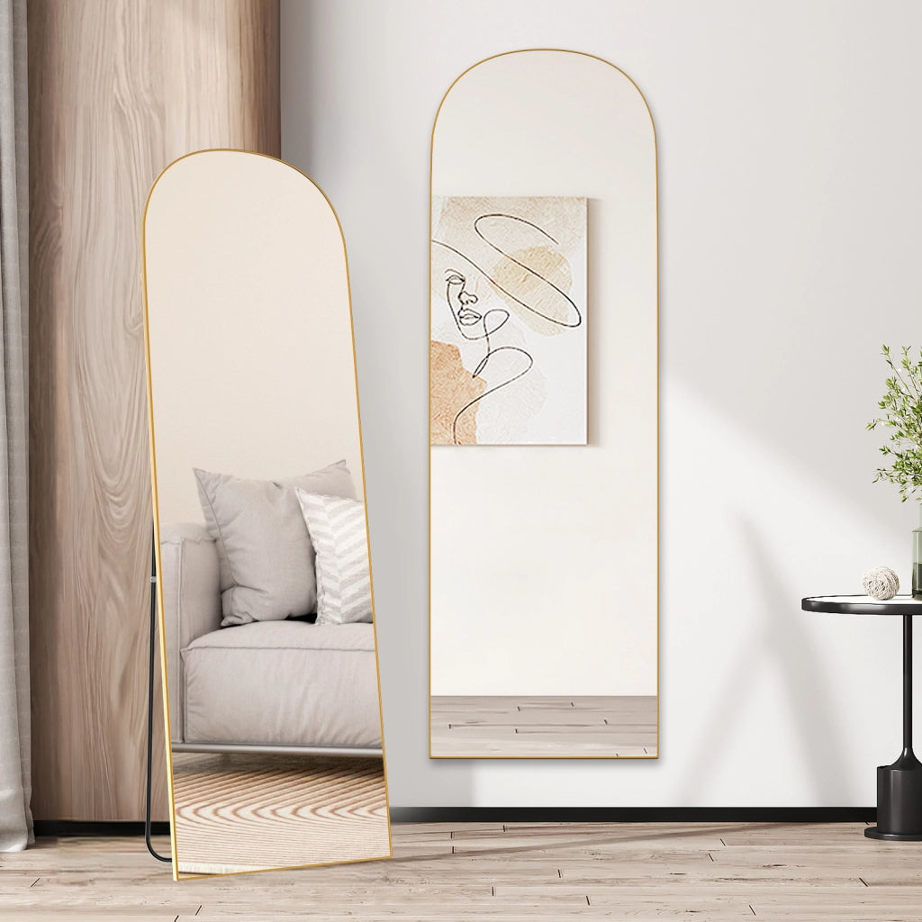 Specchio a figura intera 162 x 52 cm, specchio arcuato, specchio da terra con supporto, specchio arcuato a figura intera, oro, da terra o inclinabile