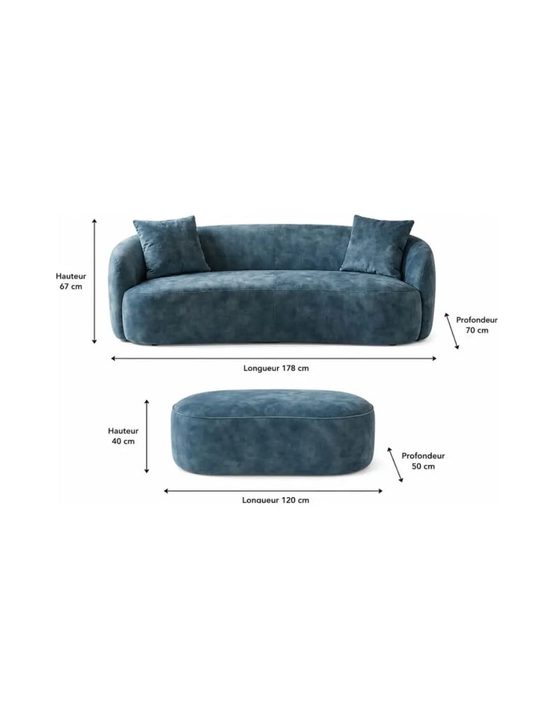 Divano NYJY con pouf contenitore in velluto - Blu - 178 x 67 x 120 cm