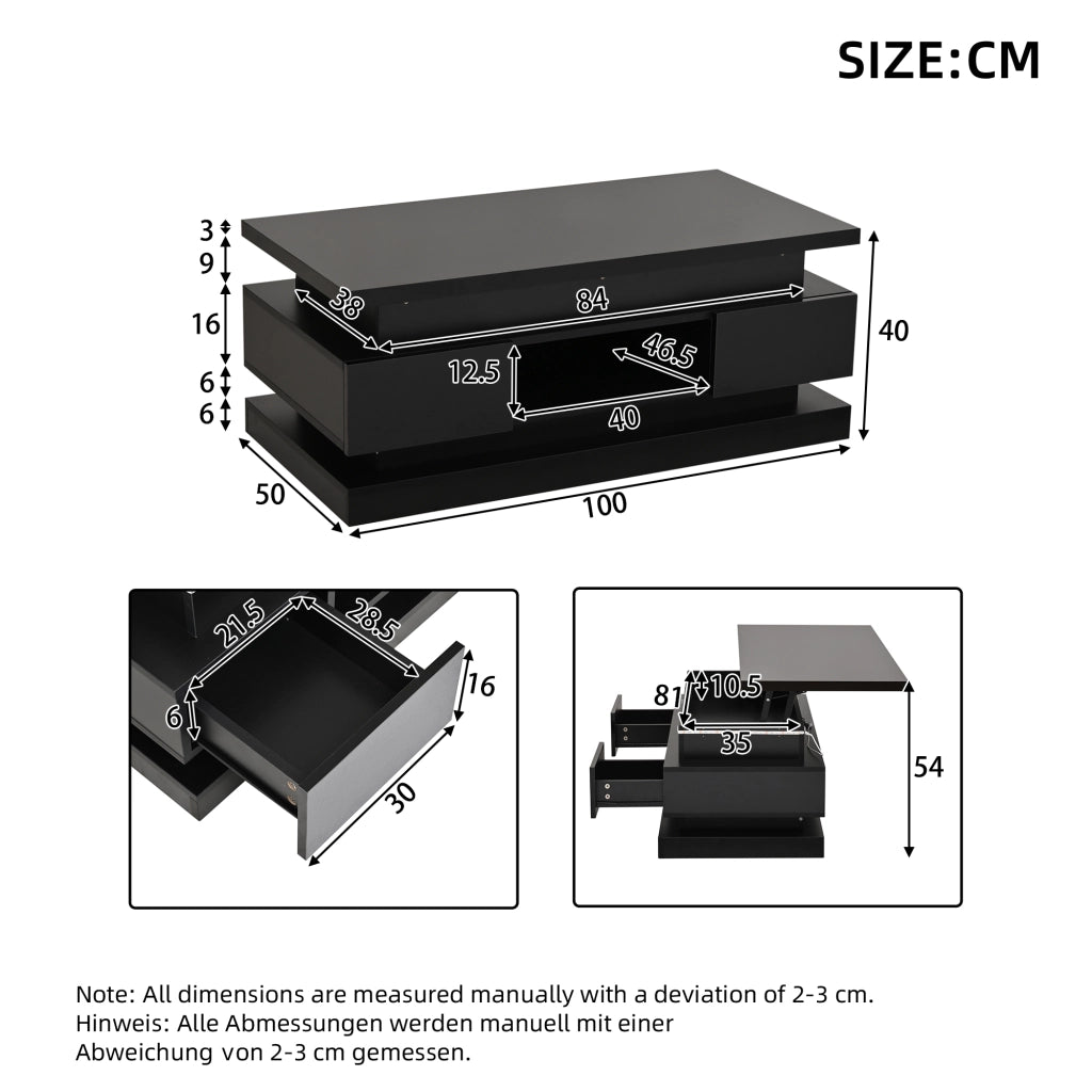 Tavolino basso sollevabile con LED, 2 cassetti e vano contenitore nascosto, per soggiorno, nero, 100 × 50 × 40 cm