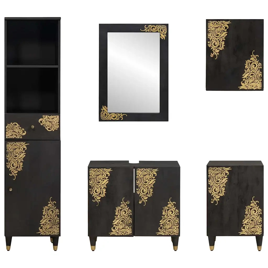 Set di Armadi da Bagno 5 pcs Nero Legno di mango massello