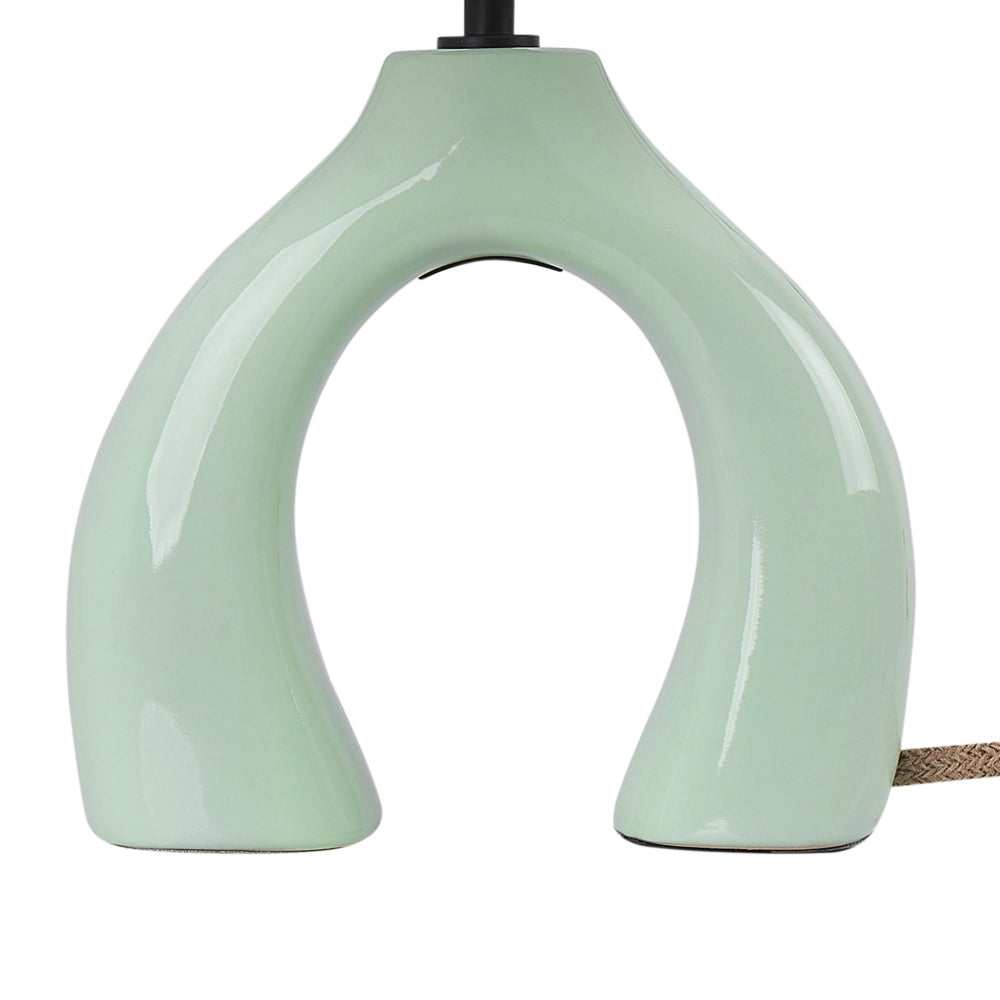 Lampada da tavolo in ceramica verde con paralume a tamburo in lino base minimalista design stile contemporaneo