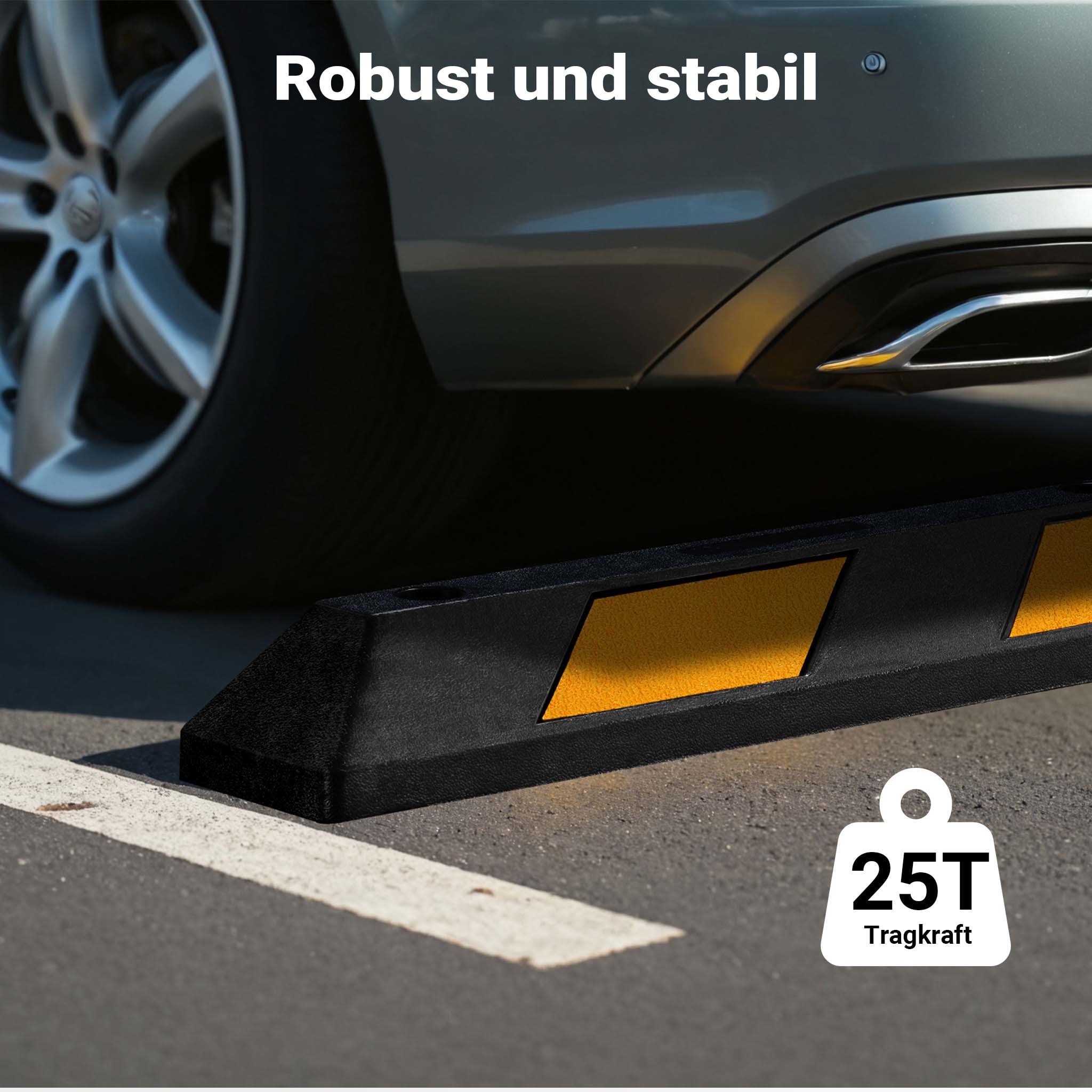 Delimitatore di parcheggio, 2 battiruota in gomma 1200x150x100mm con fasce rifrangenti, Fermaruota