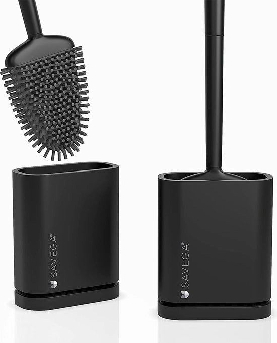 Borsetto wc in silicone con testa piatta e flessibile - borsetto wc in silicone con supporto rapido asciugatura - spazzolino wc moderno per fissaggio alla parete senza forare (nero, opaca)