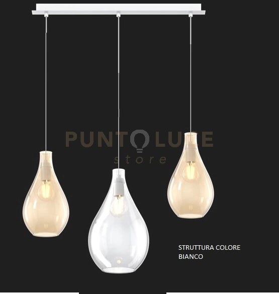 SOSPENSIONE BIANCO 3 LUCI RETTANGOLARE VETRI (1 MEDIO TRASPARENTE+2 PICCOLI AMBRA) 1193BI-S3 RPM-TA