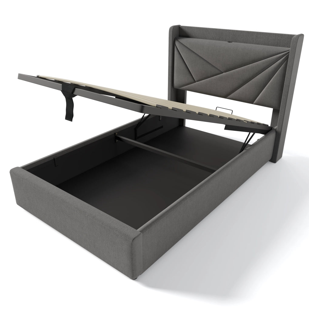 Letto singolo contenitore 90x200 cm con USB C e USB; testiera geometrica; grigio