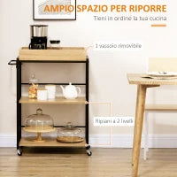 Carrello da Cucina a 3 Ripiani con Vassoio Rimovibile e Ruote Girevoli, 72x40x94cm, Legno e Nero