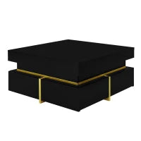 Tavolino da salotto laccato lucido con cassetti e dettagli dorati, 70×70×35,5 cm, Nero