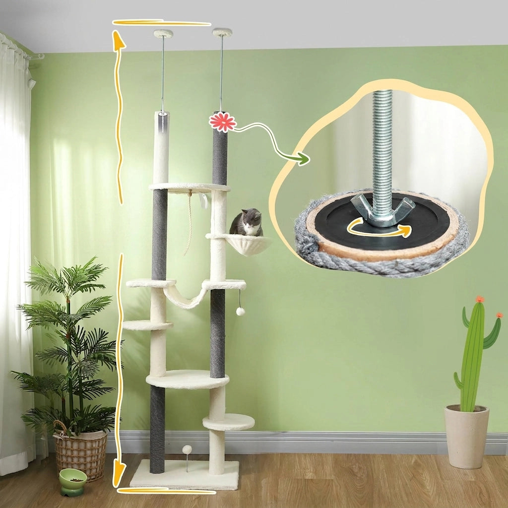 Albero per Gatti da Soffitto con Amache; Regolabile 225-255 cm; Bianco